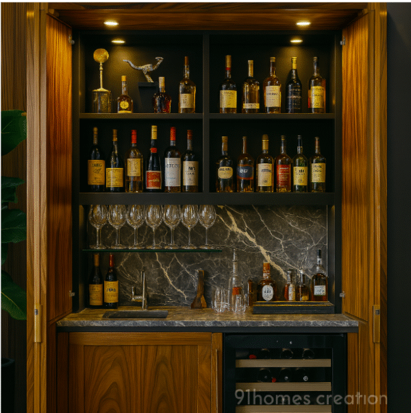 Warm Walnut Bar Unit with marble countertop and built-in wine chiller.