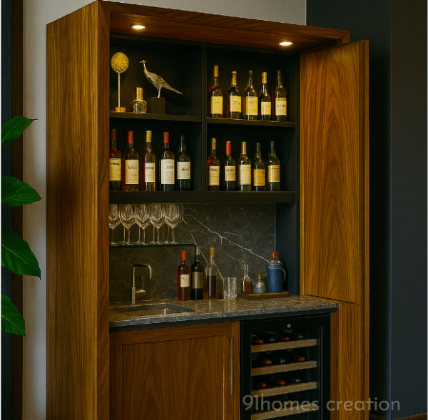 Modern home bar with warm lighting, natural wood grain, and glass shelves.