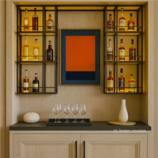 Light Wood home bar with metal shelves, LED lighting, and orange abstract art