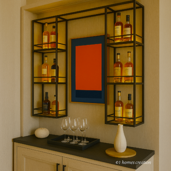 Light oak bar unit with matte black countertop and glass bottle display
