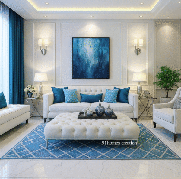 Modern blue and white tufted living room with velvet cushions and glass decor