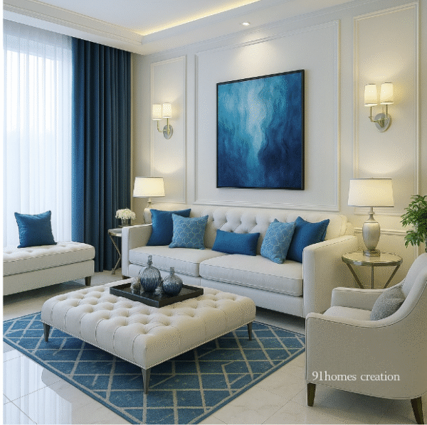 "Luxury white sofa set with blue curtains, marble flooring, and geometric rug"