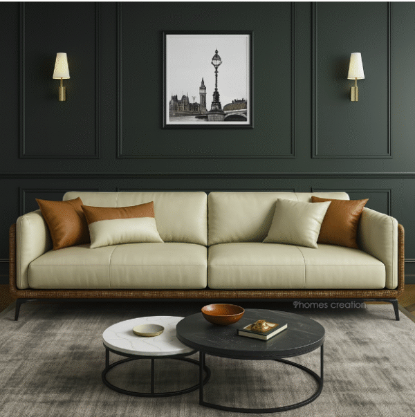 Cream leather sofa with brown side panels in a dark green paneled wall living room