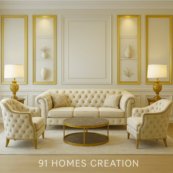 Elegant Beige Tufted sofa set with golden frame and marble coffee table
