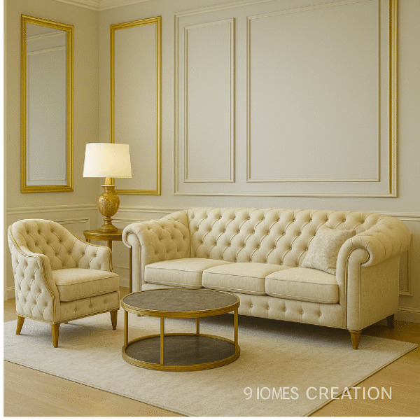 Classic living room furniture with button-tufted upholstery and wooden legs