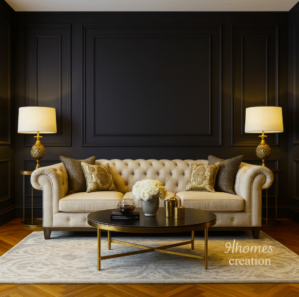 Beige tufted Chesterfield sofa with gold legs and dark wood flooring