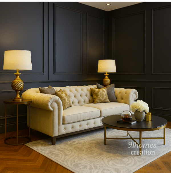 Side angle of luxury sofa set with dark grey wall panels