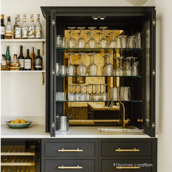 Elegant Brass Faucet black home bar unit with brass tap, glass shelves, and wine cooler