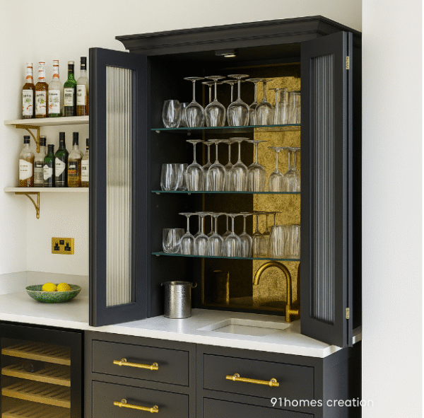 Side view of luxury mini bar cabinet with fluted glass doors and marble countertop.