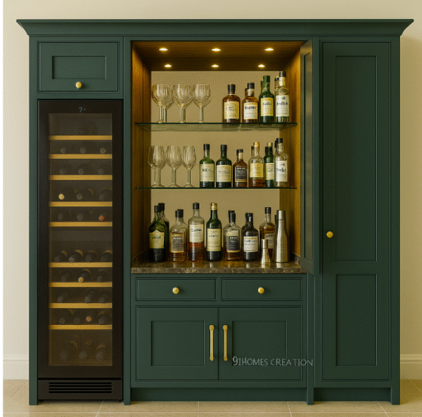 Dark green wooden Wine Fridge bar cabinet with built-in wine fridge and glass shelves.