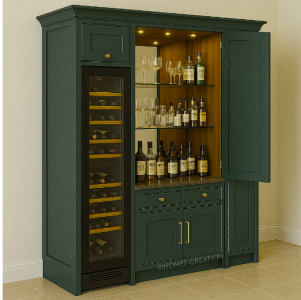 Side-angle view of luxury home bar unit with granite countertop and LED lighting.