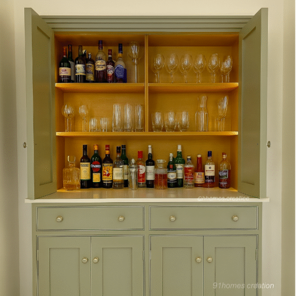 Built-in sage green bar cabinet with LED-lit glass shelves and white marble top.