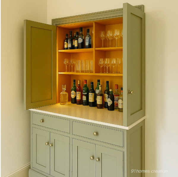 Modern shaker-style liquor cabinet with matte finish and integrated wine glass storage.