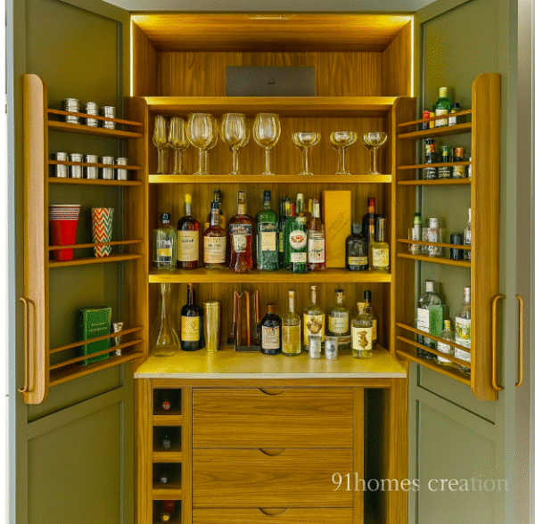 Olive green and walnut home bar unit with wine storage and glass holders