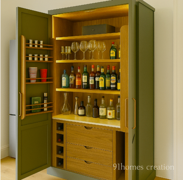 Tall wooden bar cabinet with glass shelves, LED lights, and drawer storage