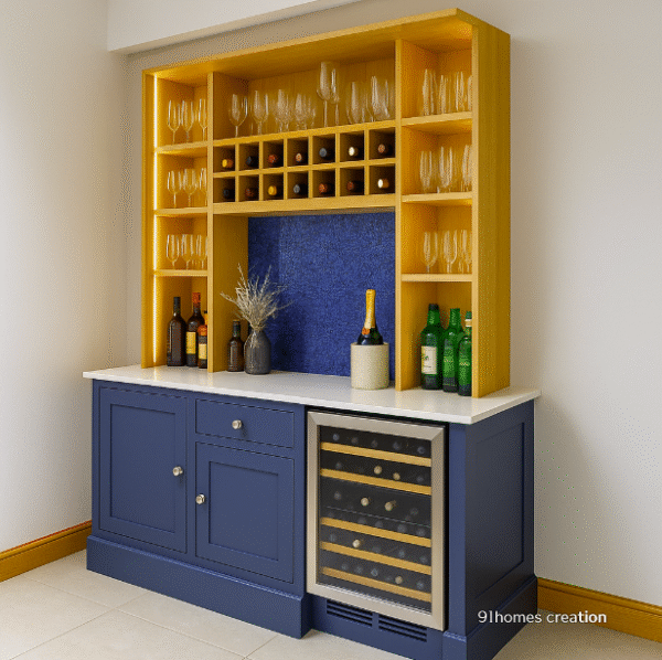 Built-in bar cabinet with glass racks, bottle storage, and blue mosaic backsplash.