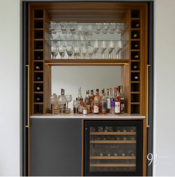 Modern walnut Wine Cooler and matte grey home bar with wine fridge and glass shelves