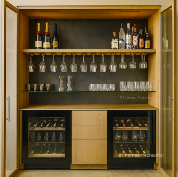 Side View Oak home bar unit with wine coolers and glass shelves