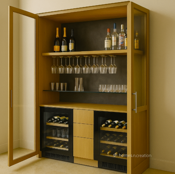 Elegant oak bar cabinet with glass door, black back panel, and liquor setup