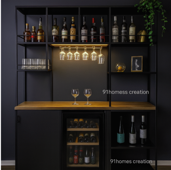 Minimalist black and wood Glass Hanger home bar unit with wine chiller and glass rack