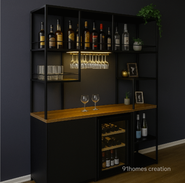 Compact square bar cabinet with matte black frame and wooden countertop