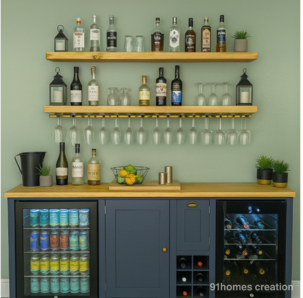 Navy blue bar unit with Dual Coolers wooden top and glass-door beverage coolers on sage green wall.