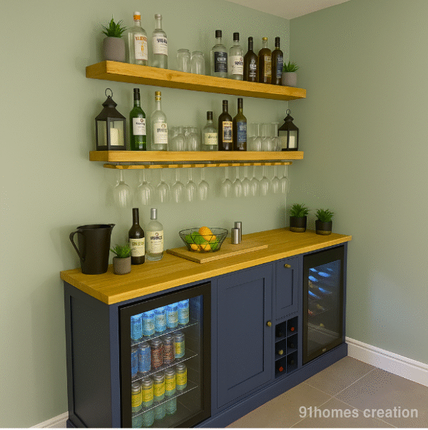 Home bar setup with hanging wine glasses, liquor bottles, and matte finish cabinets.