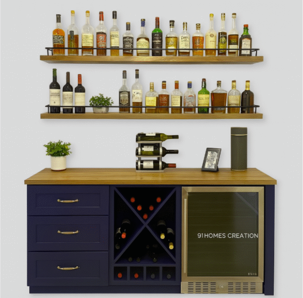 Navy blue bar cabinet with wooden counter and wine rack"