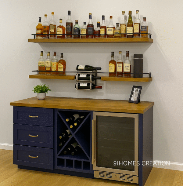 "Modern home bar setup with floating wooden liquor shelves"
