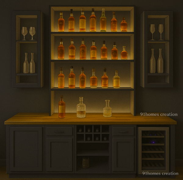 Dark grey home bar with wooden countertop and LED Bottle Display