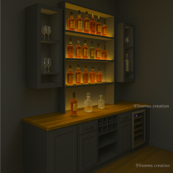Side view of luxury bar cabinet with wine cooler and warm lighting.
