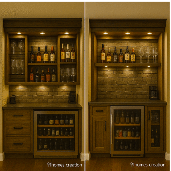 Side view of rustic wood bar unit with wine fridge and stone backsplash.