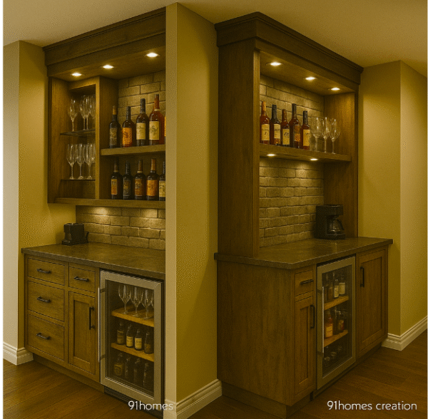 Wooden home bar cabinet with glass shelves, dark countertop, and LED lights.