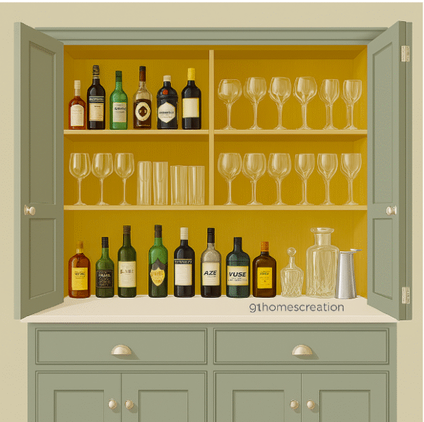 Sage green bar Quartz Top cabinet with glassware and liquor bottles, wooden shelves, and matte finish.