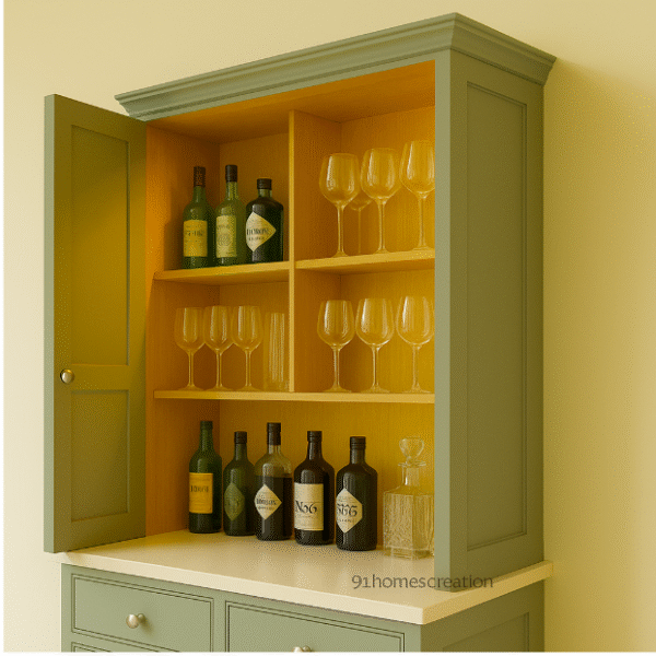 Elegant built-in bar cabinet in muted green, featuring white quartz top and glass rack.