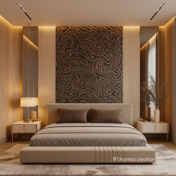 Modern beige bedroom with LED-lit brown textured bed back wall panel and floating side tables