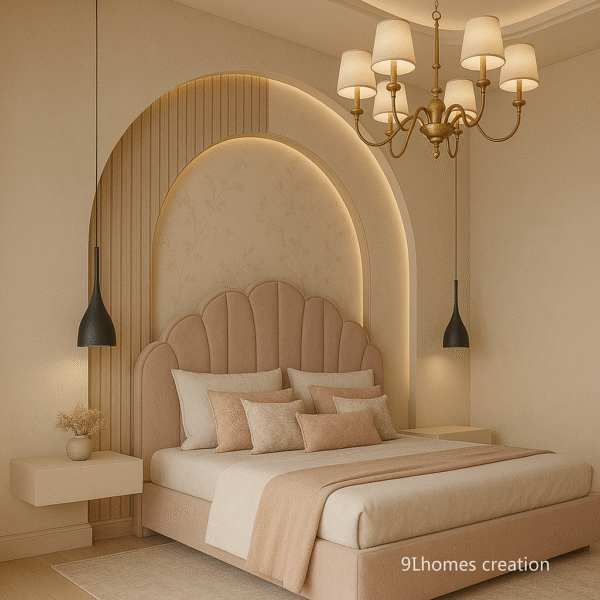 Soft beige bedroom with rounded upholstered headboard and LED arched wall.
