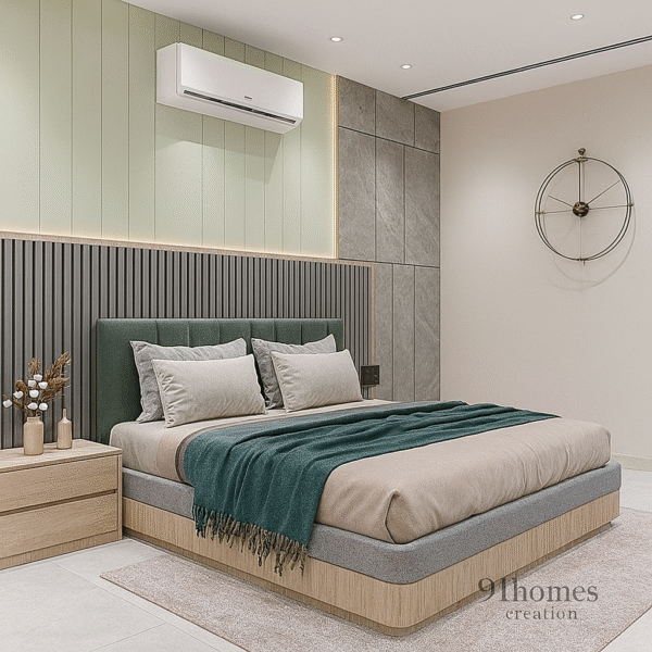 Straight front view of a minimalist bed back wall with grey slatted panels and concealed LED strip lights.