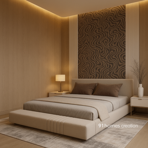 Luxury master bedroom design with velvet finish bed, symmetrical lighting, and wood veneer walls