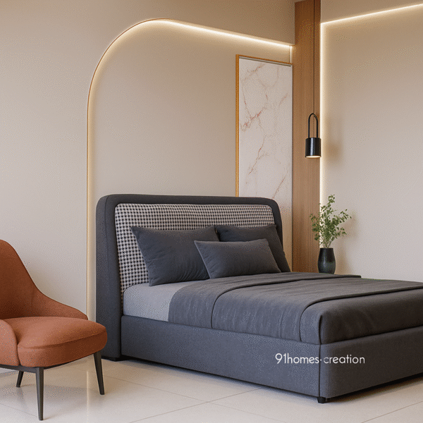 Grey upholstered bed with houndstooth headboard, wooden side panels, and designer bed back wall