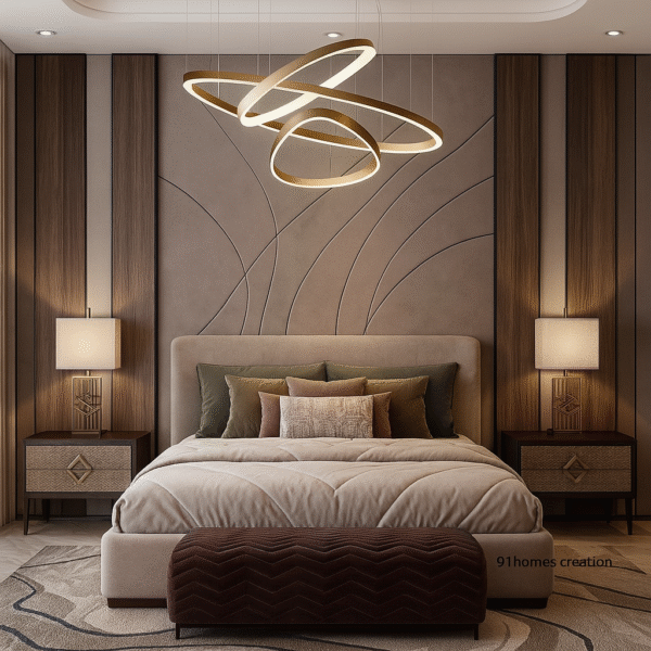 Luxury bedroom with curved suede bed back wall and LED ring chandelier