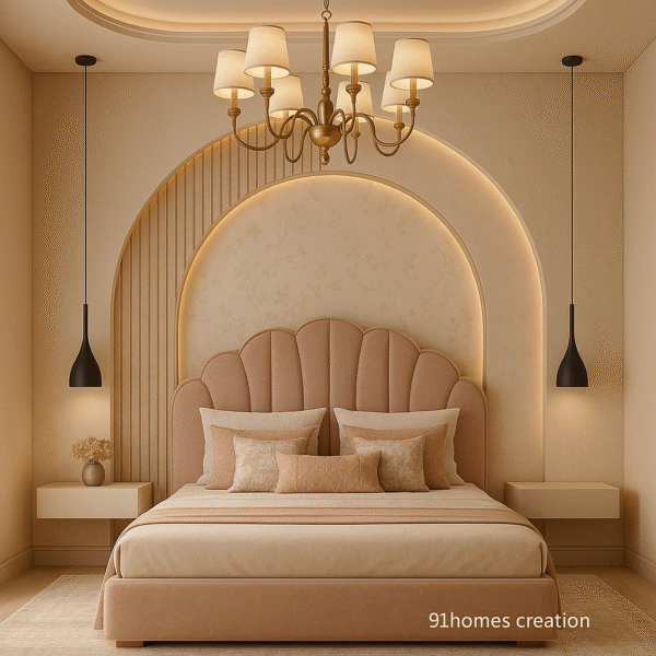 Blush Velvet Scalloped Bed Back Wall with Dual Arches
