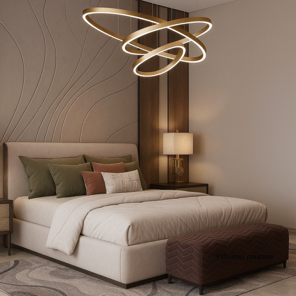 Designer bed back wall in beige with vertical grooves and wooden panel sides