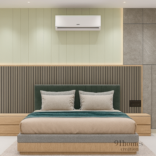 Modern pastel green and grey bed back wall
