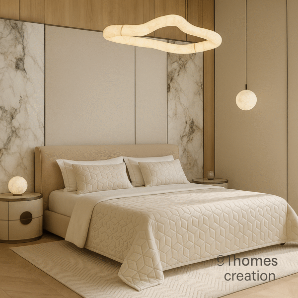 Luxury bedroom featuring marble bed back wall and geometric quilt