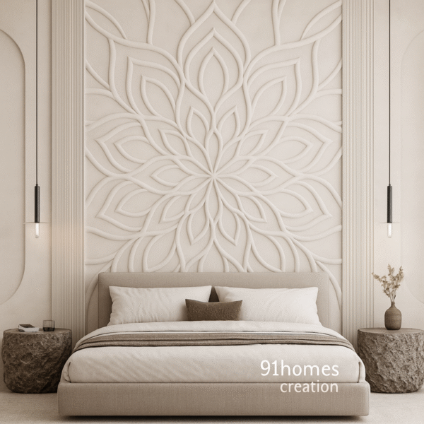 Elegant beige bed back wall with 3D floral panel and fluted side grooves