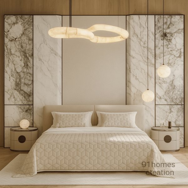Bed back wall design with beige padded panels and marble finish
