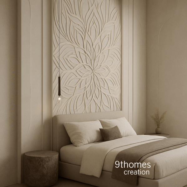 Textured mandala-inspired bed back wall with stone side tables and pendant lights