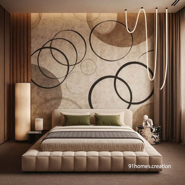 Modern beige bedroom with circular abstract bed back wall design