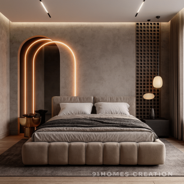 Modern beige upholstered bed with arched LED bed back wall lighting